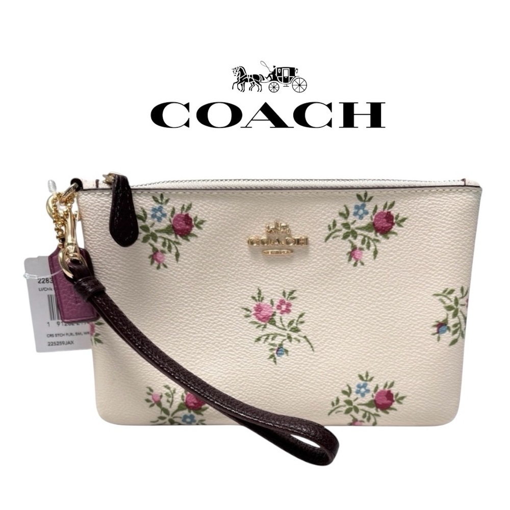 COACH Cross Stitch Prairie Floral Wristlet Ivory Multi NWT with Box & Care Cards